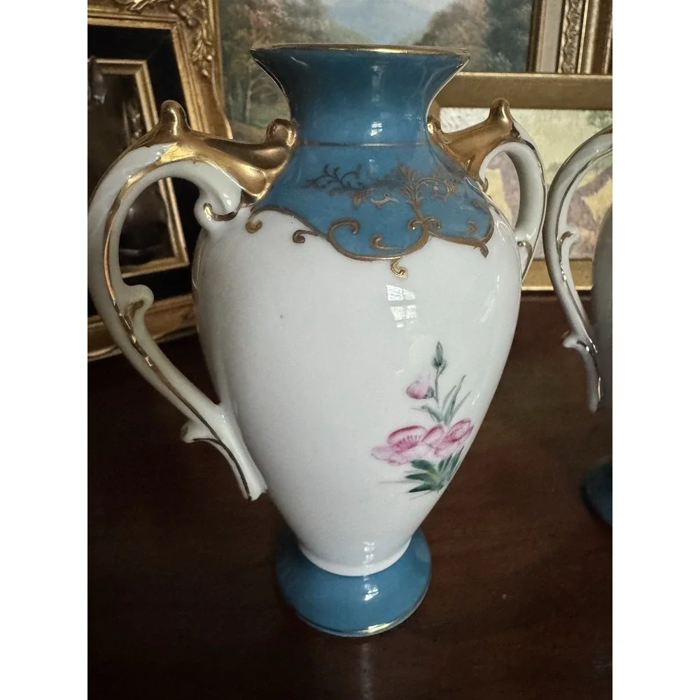 Vintage Japan Porcelain Mantle Vases Pair Hand Painted Blue Gold Gilt Floral 6